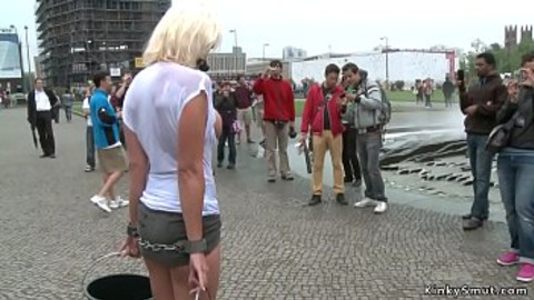 Busty blonde Euro slave Milf d. in public outdoor then whipped by master Steve Holmes