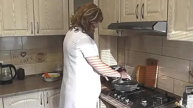 No panties and bra in high heeled stockings sexy MILF Frina continues nude cooking  Medical clothes 