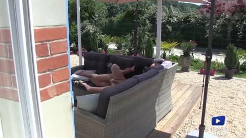 Blonde Milf ravages eager young stud under open skies.