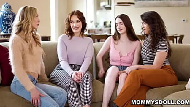 milf and babysitters join Hazel Moore for a group session
