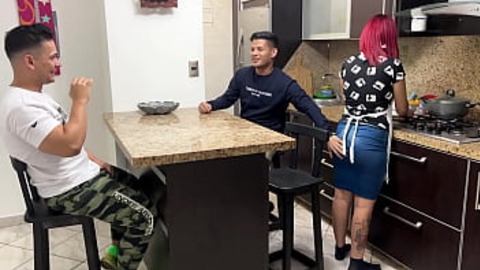 Wife transforms into slut sucking sausage in front of cuckold husband while friend's mouth is stuffed
